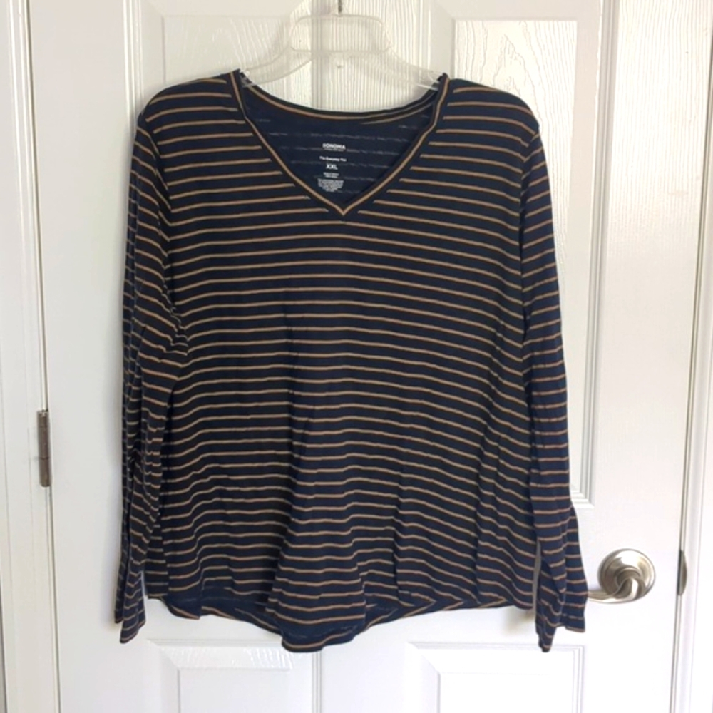 Sonoma Navy Blue & Tan Striped V Neck Tee XXL
